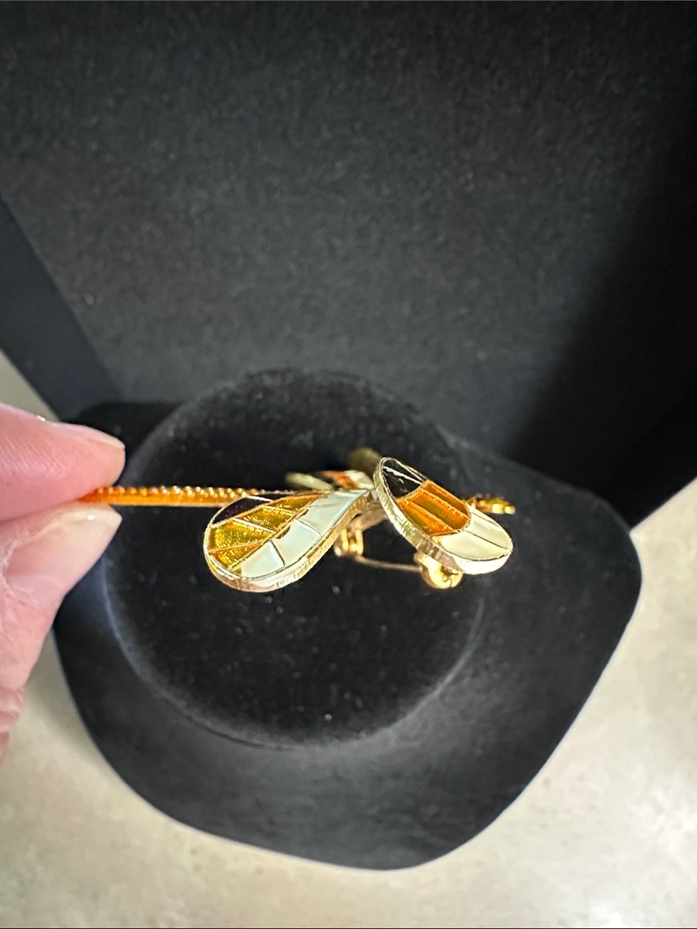 Vintage Gold Tone Dragonfly Brooch with Amber and Cream Enamel - Picture 6 of 16